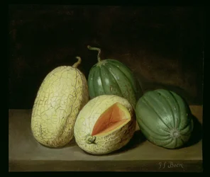 Stillleben mit Melonen auf einem Sims